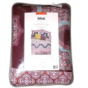 Blink Pranna Twin Reversible Comforter Set‎ Medallion Stripe Burgundy Navy 2pc